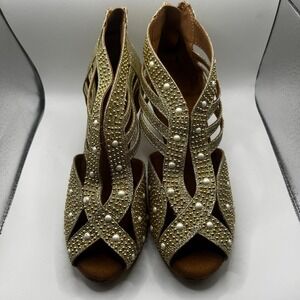NEW Dance And Sway Women's Size 6.5 Gold Colored Shoes Flared Heel 3"
